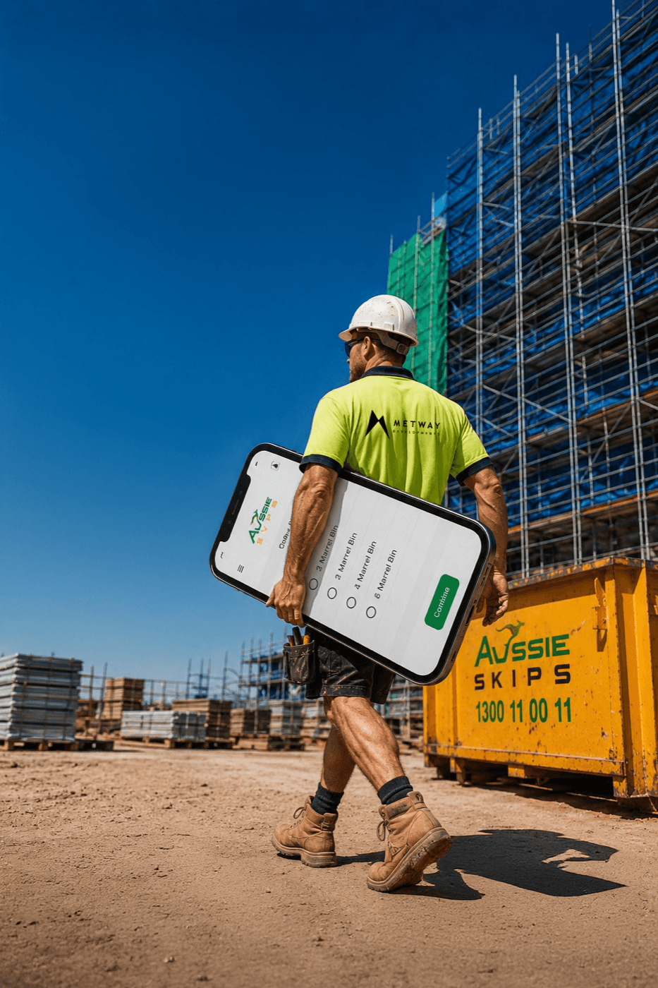 Aussie Skips customer using the MyAussie app on site